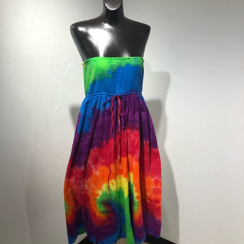 Moda International Tie Dye summer dress cotton sz small rainbow strapless